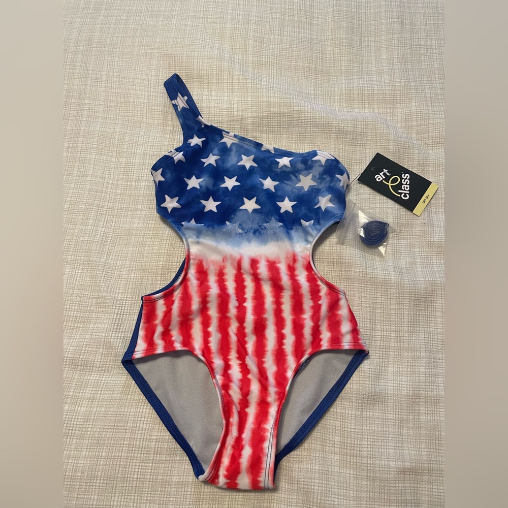 - Red, white. And blue one piece girls bathing suit. Size 4/5